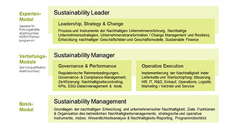 Zertifikatskurs Nachhaltigkeitsmanagement  - Schaubild des modularen Curriculums